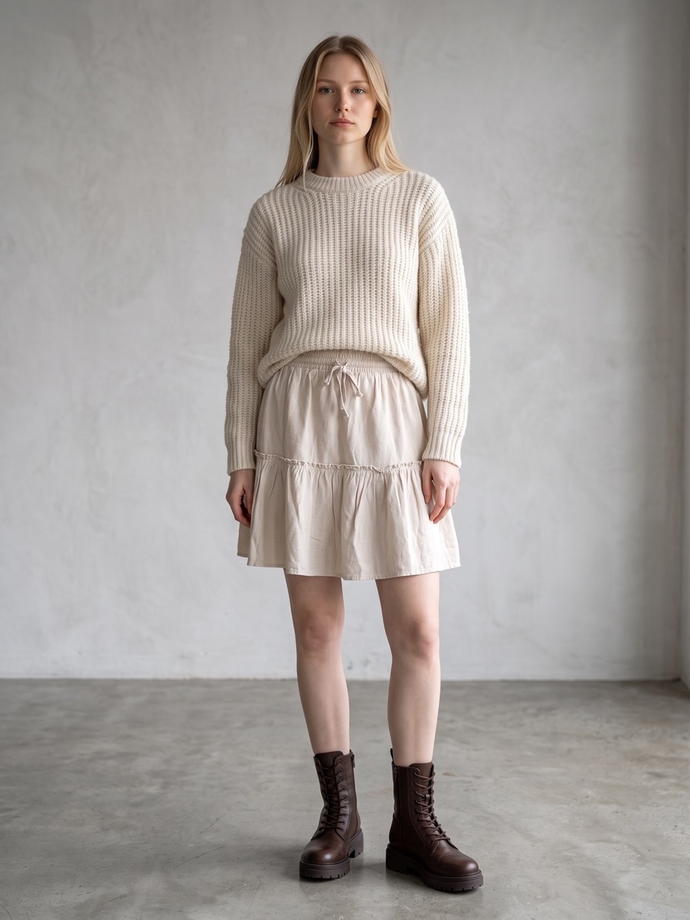 Zenana Outfitters Cream Tiered Drawstring A-Line Skirt